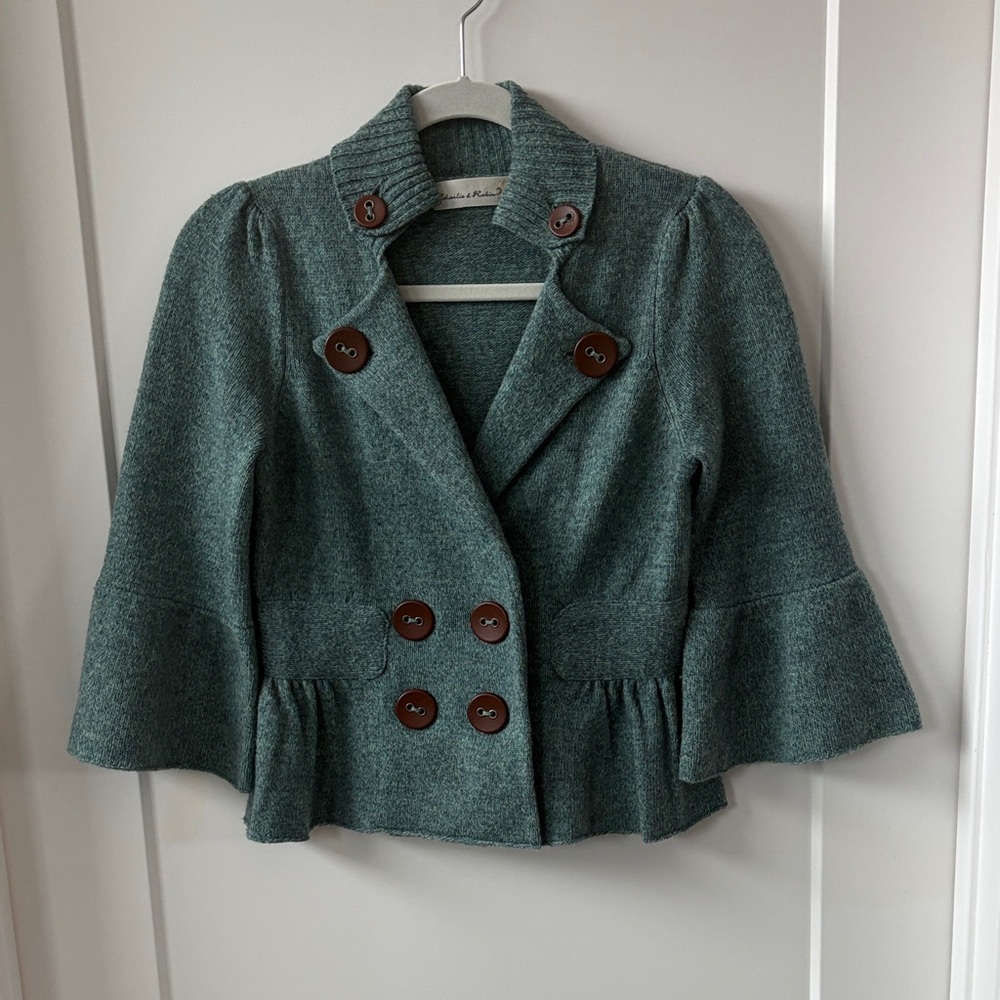 Anthropologie Teal Wool Sweater Blazer with Button Details and 3/4 bell sleeves